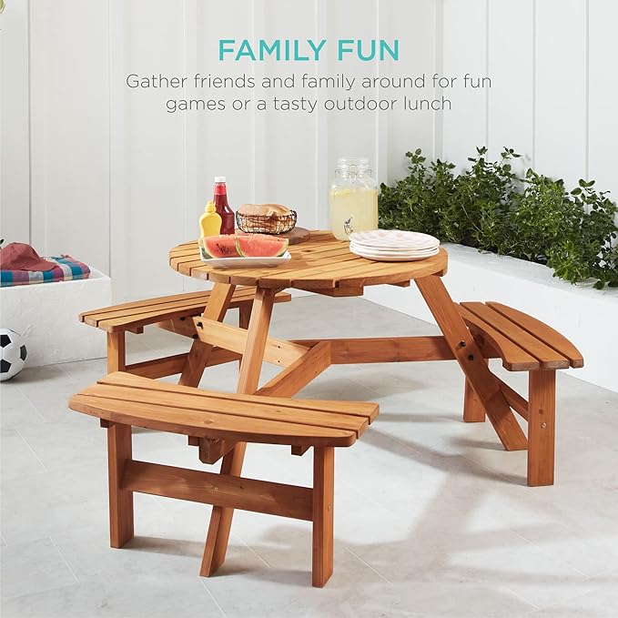 Best Choice Products 6-Person Circular Outdoor Wooden Picnic Table for Patio, Backyard, Garden, DIY w/ 3 Built-in Benches, 500lb Capacity - Natural