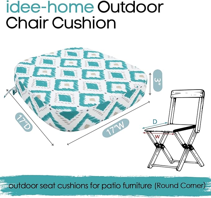 idee-home Outdoor Chair Cushions Set of 2, 17" x 17" x 3" Thick D-Shaped Patio Furniture Outdoor Seat Cushions Waterproof with Ties, Dining Pads