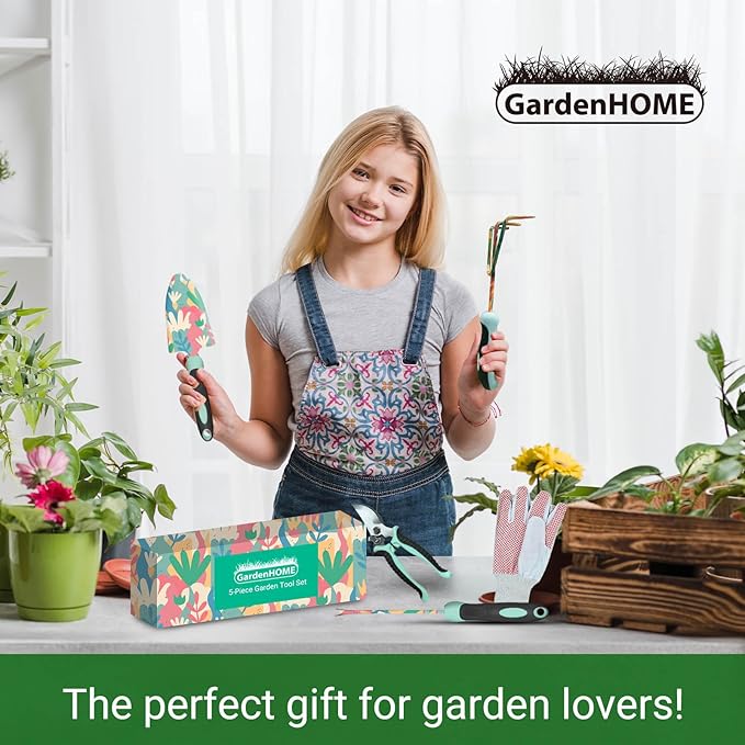 GardenHOME Garden Tool Set – Durable Stainless Steel Gardening Kits with Tote Bags, Stools, and Accessories, Perfect for Gardeners, Women, and Men (5 Piece Floral)