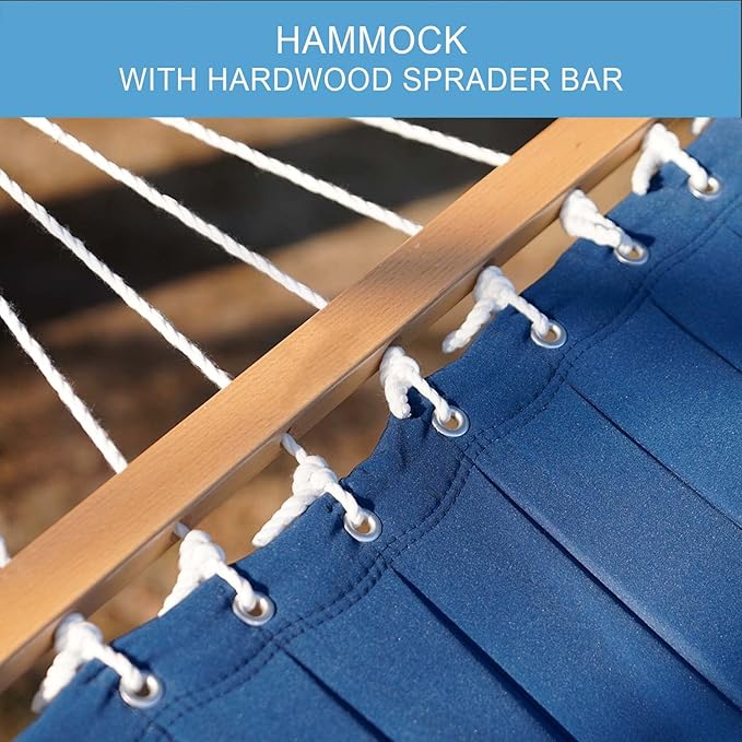 Lazy Daze 12 FT Double Quilted Fabric Hammock with Spreader Bars and Detachable Pillow, 2 Person Hammock for Outdoor Patio Backyard Poolside, 450 LBS Weight Capacity, Dark Blue/Natural