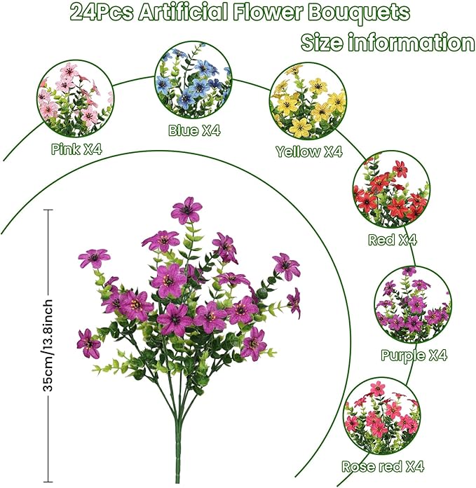 SHareconn 24 Bundles Artificial Flowers for Outdoors Spring Decoration, Fake Silk Realistic Faux Plants UV Resistant for Outside Planter Porch Patio Summer Indoor Decor, RedRosePurpleYellowPinkBlue