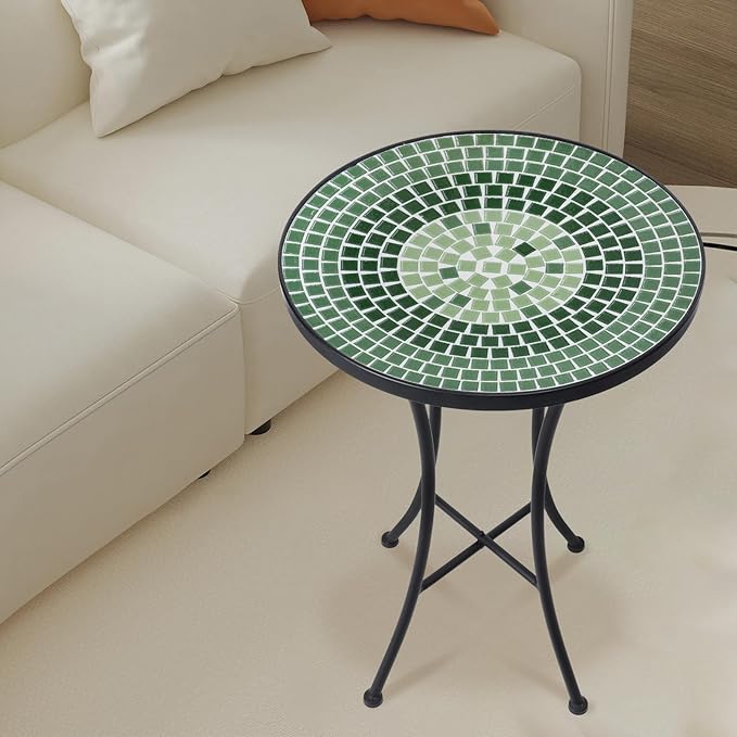Vipush Mosaic Outdoor Side Table, 14" Round Folding Plant Stand for Patio Garden Backyard Balcony Porch Indoor Accent End Table for Living Room, Ceramic Tabletop with Black Iron, Green