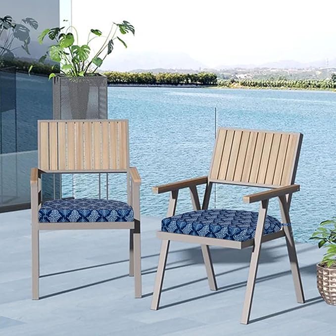 Cozyide Outdoor Chair Cushions, Waterproof Patio Seat Cushions with Adjustable Straps, Round Corner Patio Chair Cushions for Garden, Indigo Badge, 17x16x2 Inch (Pack of 2)