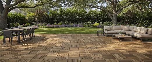 Acacia Wood Flooring Interlocking Deck Tiles for Patio Decor 9 Pcs 12 Slats VR White Oak - Waterproof Indoor & Outdoor Decor - Balcony Garden Decking Tile (12.2 * 12.2 * 0.7 inches)