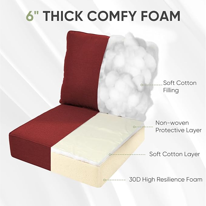 Outdoor Furniture Cushions, 6 inch Thick Seat Cushions for Outdoor Furniture, Waterproof 22x24 Patio Couch Cushions, Replacement Chair/Sofa Cushion, Include 3 Back & 3 Seat Cushion, Thick/Red