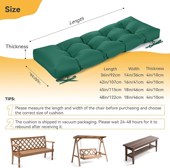 ROFIELTY Outdoor Bench Cushion, Waterproof/Sun-Proof Fabric, Tufted Bench Cushion with 2 Ties, Suitable for Outdoor Garden Bench/Swing/Indoor Furniture (Green, 42×16×4)