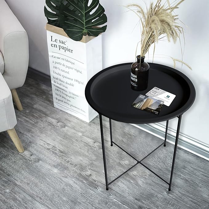 Garden 4 you End Table Metal Side Table Black Round Folding Tray Cyan Sofa Small Accent Fold-able Table, Round End Table Tray, Next to Sofa Table, Snack Table for Living Room and Bed Room