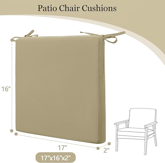 idee-home Outdoor Chair Cushions Set of 4, 17" x 16" Outdoor Seat Cushion Waterproof Patio Furniture with Ties, Dining Chair Pads