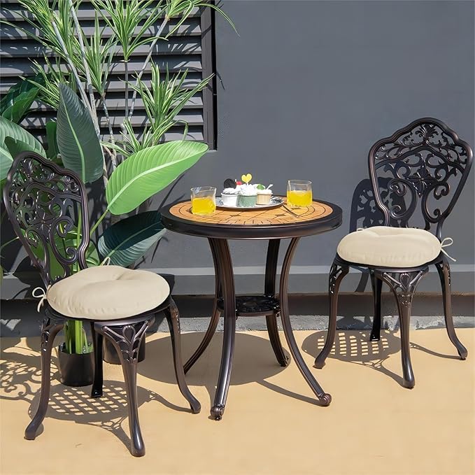 downluxe Bistro Chair Cushions for Patio Furniture, Water-Resistant Round Outdoor Chair Cushions Set of 4 with Non-Slip Ties, 15" x 15", Beige
