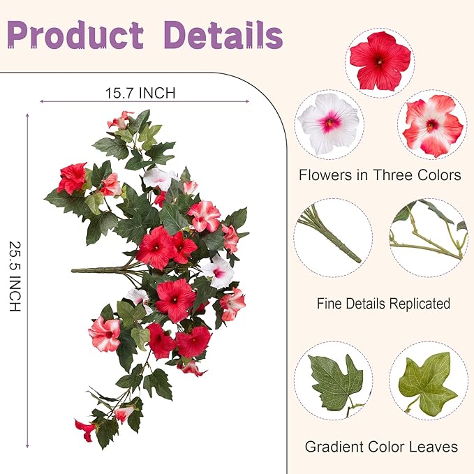 2PCS Artificial Petunia Flowers for Outdoors, Fake Flowers for Outdoor Planters UV Resistant Faux Silk Petunias for Garden Porch Yard Balcony Patio Realistic Home Kitchen Decor(Red Pink White)