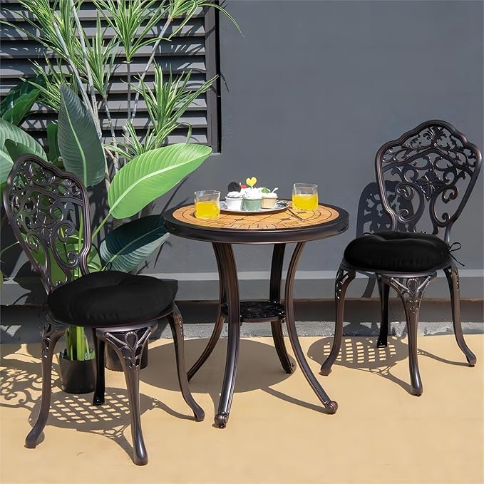 downluxe Bistro Chair Cushions for Patio Furniture, Water-Resistant Round Outdoor Chair Cushions Set of 2 with Non-Slip Ties, 15" x 15", Black