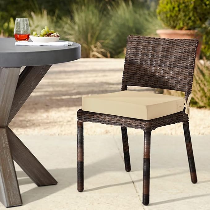 downluxe Waterproof Outdoor Chair Cushions Set of 2, 19" x 19" x 3" Patio Chair Cushion with Non-Slip Ties & Handle, Square Outdoor Cushion for Patio Furniture with Removable Cover, Beige