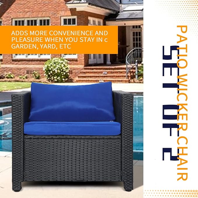 Outdoor Patio Chair Set of 2,Wicker Patio Chairs Set,Outdoor Rattan Chairs,Patio Furniture,Balcony Chairs, Wicker Furniture for Gardens, Backyards, Balconies,Poolside(Blue)