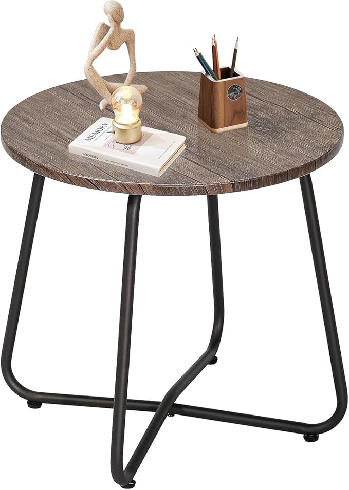 VECELO 17.7 inch Small Round Outdoor Side Table,Patio End Table,Waterproof Wood Table with Weather Resistant Steel Adjustable Feet for Living Room Bedroom Garden Yard Balcony Porch Poolside