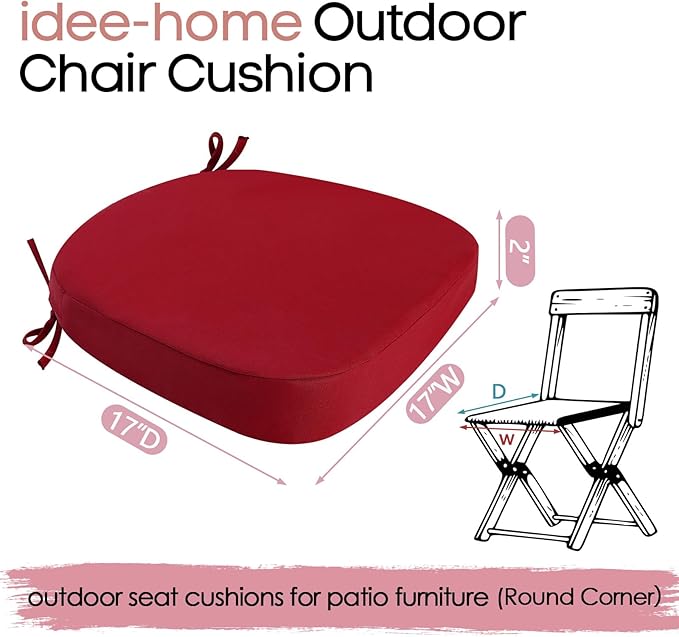 idee-home Outdoor Chair Cushions Set of 2, 17" x 17" x 2" Thick D-Shaped Patio Furniture Outdoor Seat Cushions Waterproof with Ties, Dining Pads