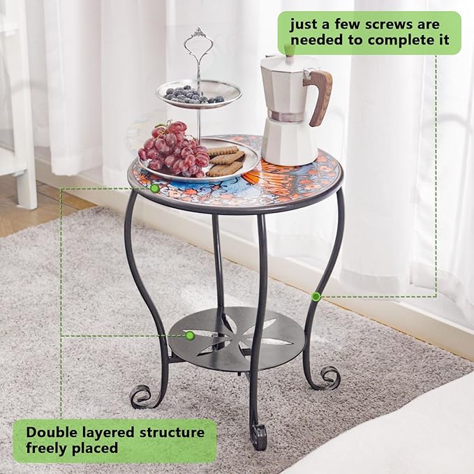 Outdoor Side Table Mosaic Patio Small End Table Metal Coffee Tea Accent Table for Patio Living Room Bedroom Yard Porch Garden (Red Butterfly)
