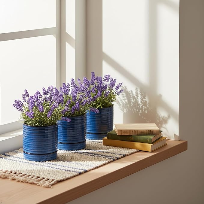 HASENSE Small Plant Pots, 4.6 Inch Porcelain Planters with Drainage Holes and Tary, Mini Pot for Flower, Succulents, Cactus, Herbs, Reactive Glaze Blue Indoor Planter, Set of 4