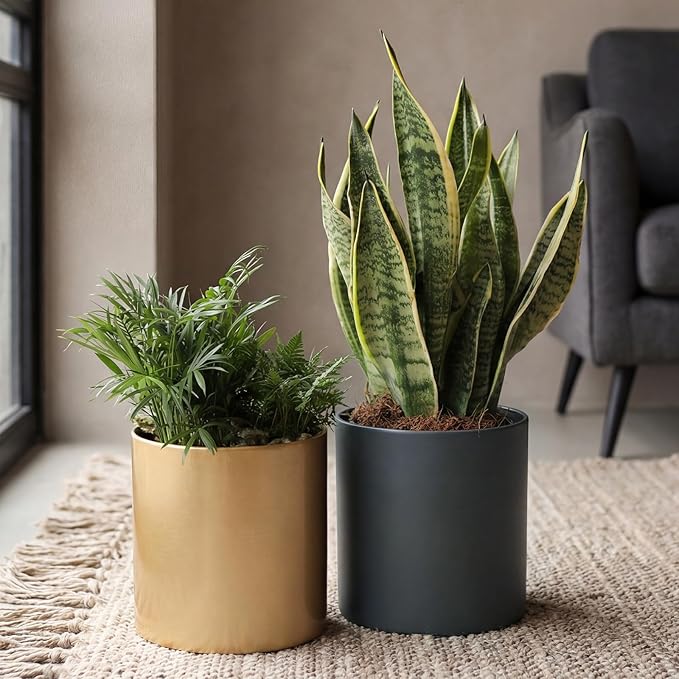 Metal Plant Pot with Drainage Hole,Mid Century Modern 7 inch Round Pot Indoor Outdoor Planters for Decorative Pots of Tabletop Living Room Bedroom Grey