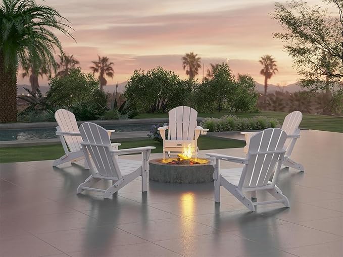 Ciokea Folding Adirondack Chair 6 Pack, Patio Adirondack Chair Weather Resistant, Plastic Fire Pit Chair with Cup Holder, Lawn Chair for Outdoor Porch Garden Backyard Deck (White)