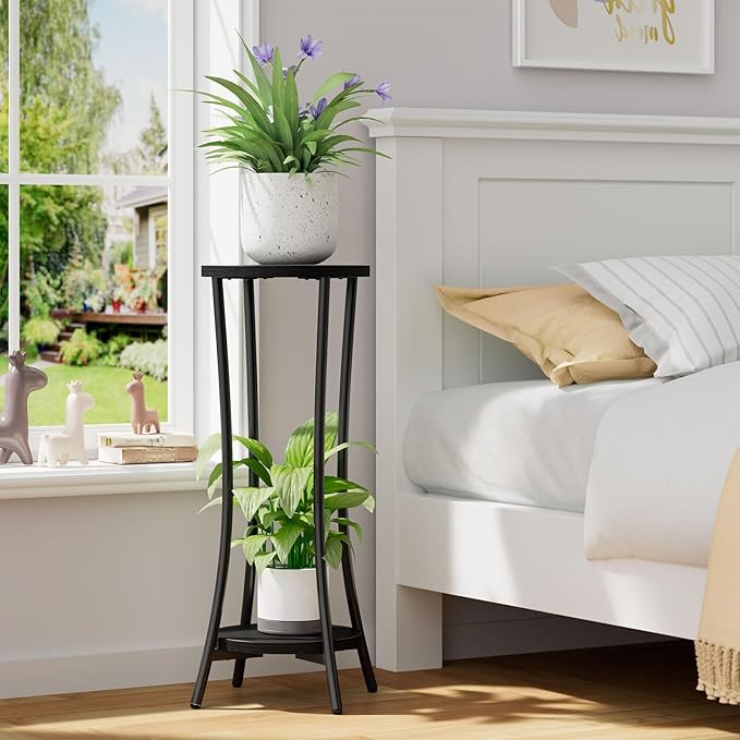IBUYKE 30 Inch Tall Plant Stand Indoor, 2 Tier Wood Corner Plant Stand, Modern Round Plant Shelf Flower Stand for Living Room Patio Balcony Garden, Black TMJ074B