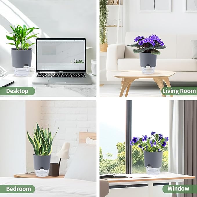 6.3 Inch Self Watering Planter Pots for Indoor Plants, 3 Packs African Violet Pots with Wick Rope and Visible Reservoir Self Watering Planter for Herb, Houseplants