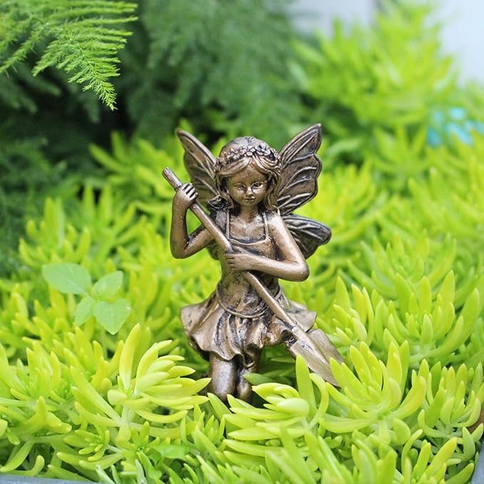2-Pieces Asymmetrical Flower Fairy Pot Clip Pair, Vintage Bronze Finish Resin Garden Decor for Patio Planters, Outdoor Container Accent Statues