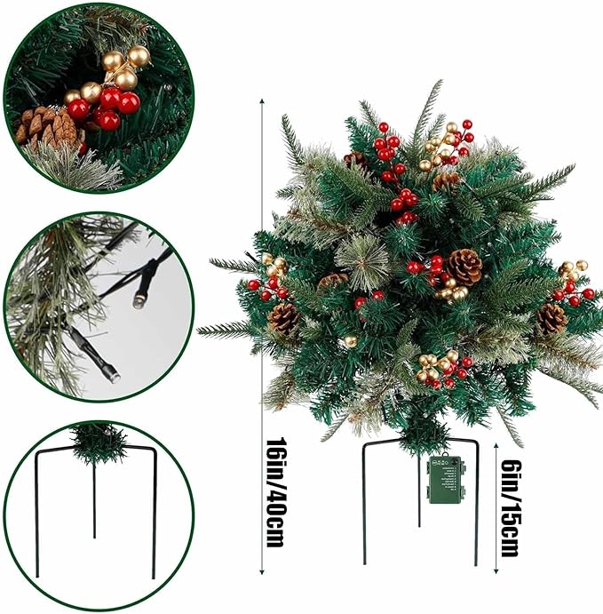 2 Pack Pre-lit Artificial Christmas Tree Urn Filler, Battery Operated Lighted Xmas Tree with Pinecones & Berries, Holiday Planter Filler Outdoor Waterproof Decor for Porch, Garden, Yard