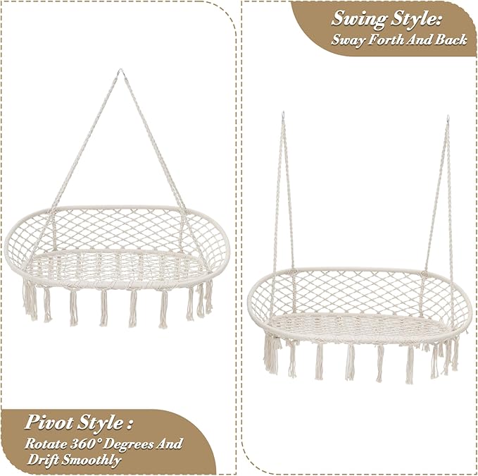 Athena Collection Hammock Swing Chair with 2 Seat, Max 700 Lbs, Outdoor Large Cotton Rope Chair Hanging Macrame Chair with 3 Soft Cushion, Swing Chair for Outdoor Indoor Patio Garden, White