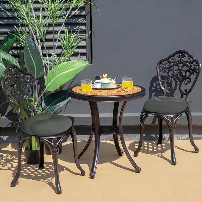 downluxe Bistro Chair Cushions for Patio Furniture, Water-Resistant Round Outdoor Chair Cushions Set of 2 with Non-Slip Ties, 15" x 15", Dark Grey