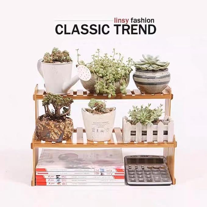 14.6"/10.8"/18.5"/22.8" 2 Tiers Bamboo Plant Stand Shelf,Desk Flower Pot Holder ,Adjustable Desktop Shelf Display Organizer Ladder Rack For Office Decorate Desk Shelving Storage Rack,Kitchen rack