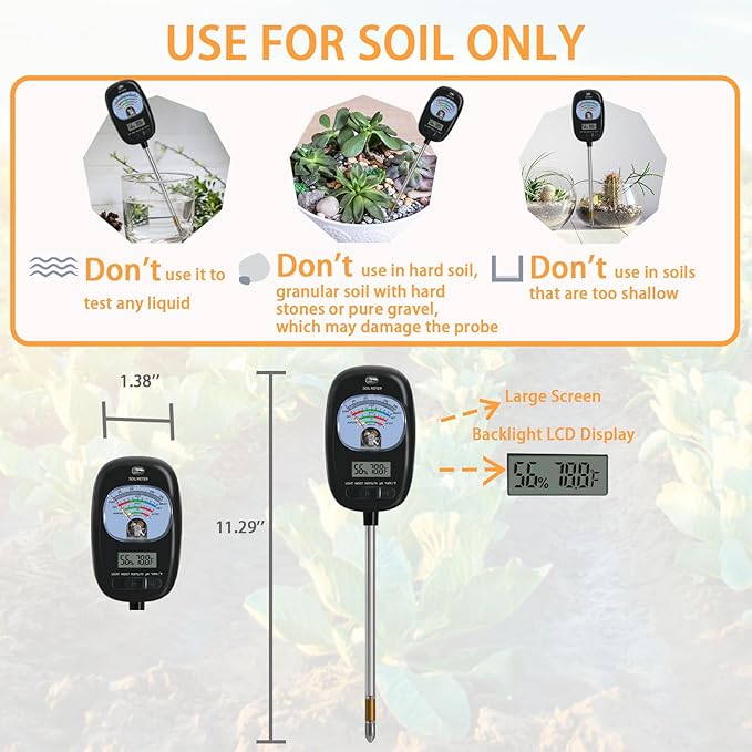 7-in-one Soil Test Kit, Soil Moisture Meter/PH Meter/Sunlight Intensity/Fertility Soil Tester, LCD display Air & Soil Hygrometer Temperature for Garden, Farm, Lawn Care Moisture Meter for Hous Plants
