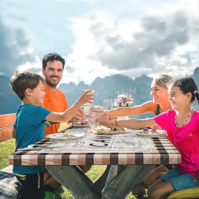Picnic Table Cover with Bench Covers Elastic Edges, Green Camper Fitted Table Cover, Outdoor Patio Camping Essentials 72 Inch 3PCS, Waterproof Camping Fitted Tablecloth with Drawstring Bag