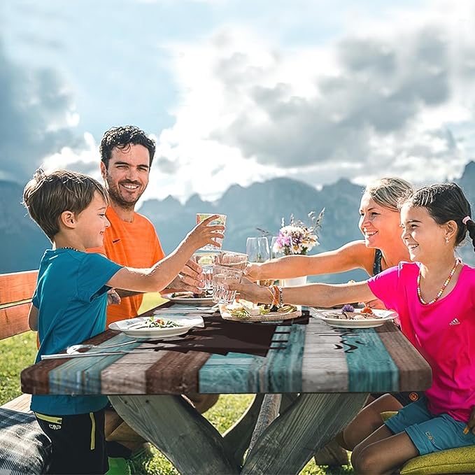 Picnic Table Cover with Bench Covers Elastic Edges, Teal Camper Fitted Table Cover, Outdoor Patio Camping Essentials 72 Inch 3PCS, Waterproof Camping Fitted Tablecloth with Drawstring Bag