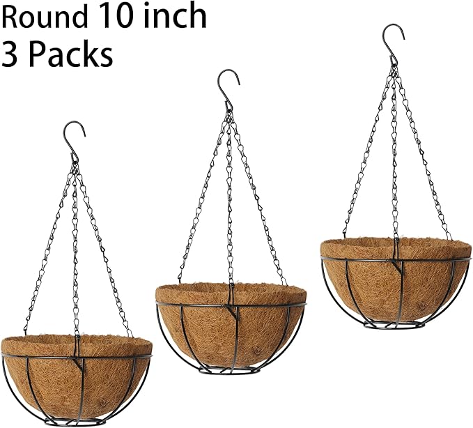 LX7 3-Pack Hanging & Wall-Mounted Plant Baskets with Natural Coconut Fiber Liner, Decorative Planters for Home Garden Patio Yard (3Pack FlatHanger, 10Inch)