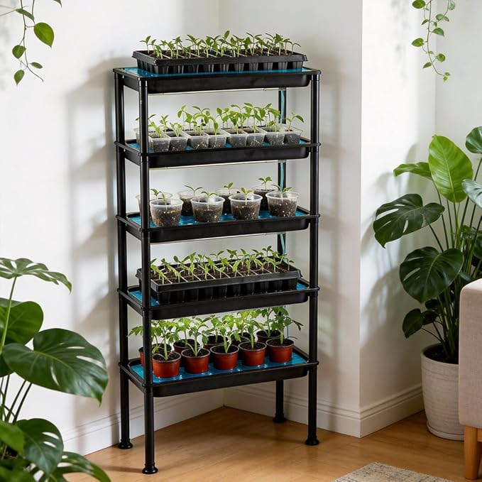 5-Tier Seed Starter Tray Plant Stand - Ebb and Flow Tidal Seedbeds, Manual Circulation Watering Rack for Indoor/Greenhouse, Designed for Nursery Cell Trays, Plant Pots