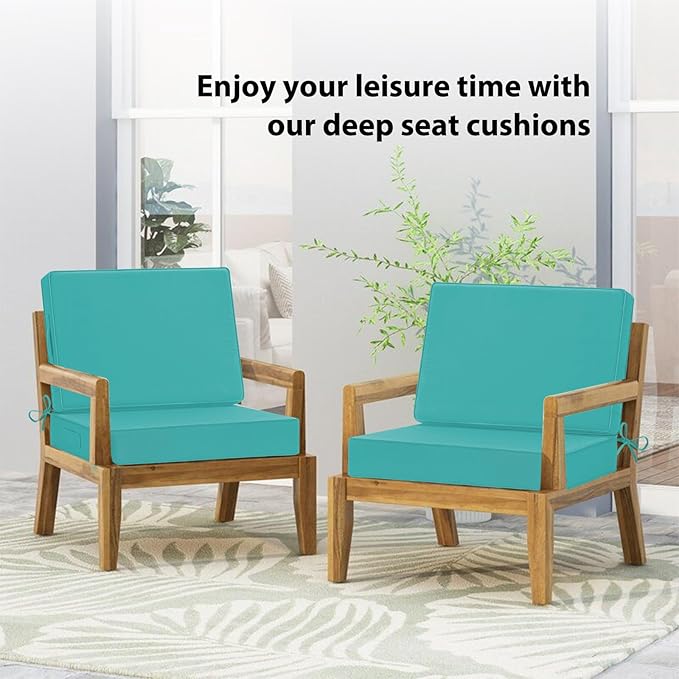 Waterproof Outdoor Chair Cushions 24x24, Memory Foam Outdoor Cushions for Patio Furniture with Removable Cover, Deep Seat Cushions for Outdoor Furniture with Ties and Handle, Teal