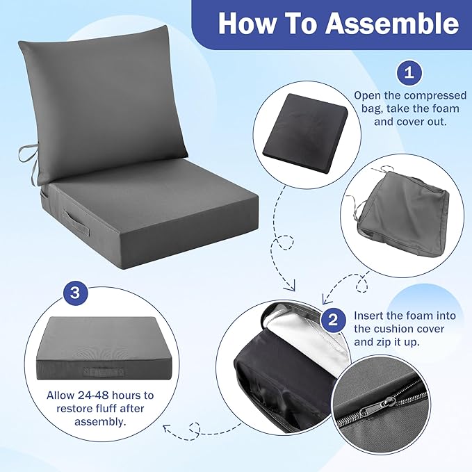 Outdoor Seat Cushion Set, Waterproof & Fade Resistant Patio Chair Cushions, Outdoors Cushion for Patio Furniture, 24 x 24 x 5.75 Inch, Outdoor Couch Cushions with Handle and Ties, Dark Grey
