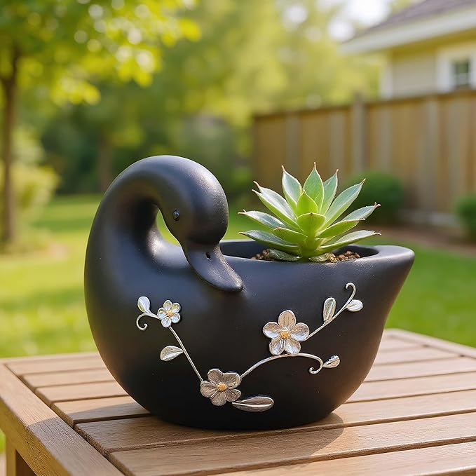 Swan Flower Pot - Unique Resin Sculpture, Enchanting Decorative Garden Planter, Elegant Swan Vase for Succulents & Air Plants, Indoor/Outdoor Use, Durable & Whimsical Design (Black)