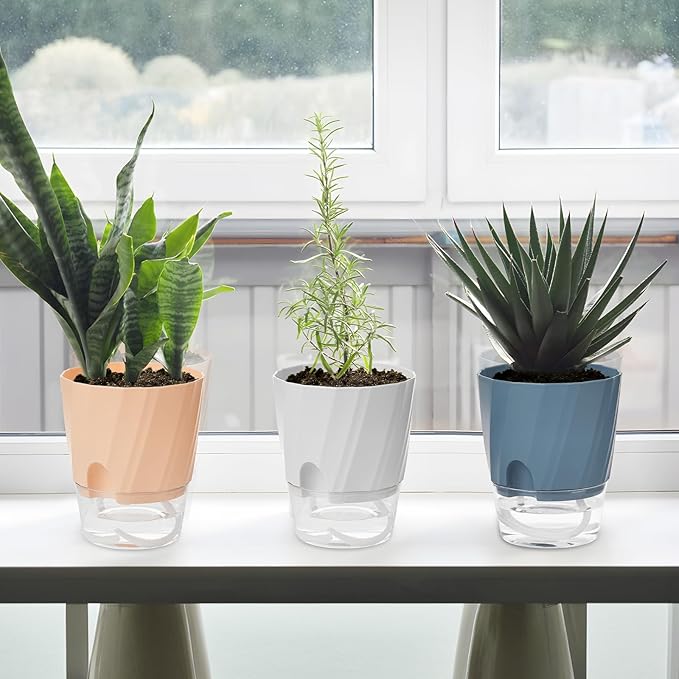 KIMCHOMERSE Self Watering Plant Pots, 6 Inch Plant Pots 6-Pack Indoor Planter Pots with Drainage Holes and Tray for Home Decor(2White, 2Pink, 2Blue)