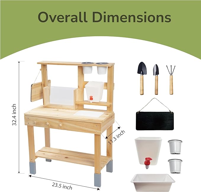Kids Potting Bench, Garden Station to Grow Your own Vegetables, Plants and Flowers, Wooden Toy Gardening Center with Sink & Faucet, Blackboard, Garden Accessories, Storage Shelf