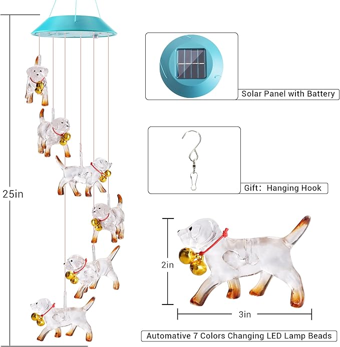 Solar Dog Gift for Mom Girls, Color Changing Solar Wind Chimes for Outside, Outdoor Decorative Mobile Lights for Garden, Yard, Patio, Window, Party Decorations, Gift for Women