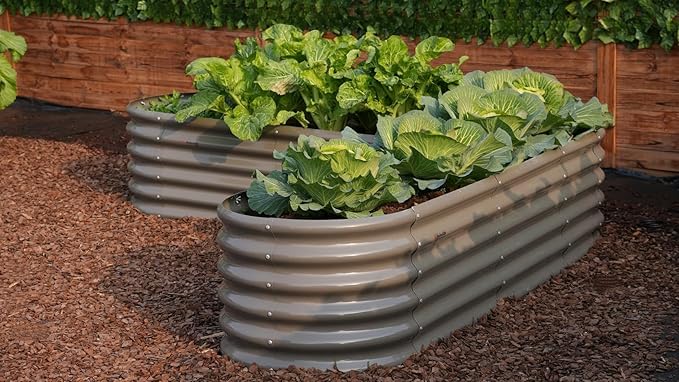 A ANLEOLIFE 14-Piece 18 Inch Tall Raised Garden Beds Kit, Heart-Shaped, Large Oval & Round Metal Planters – Ideal for Backyard Vegetables Flowers Herbs, Quartz Grey