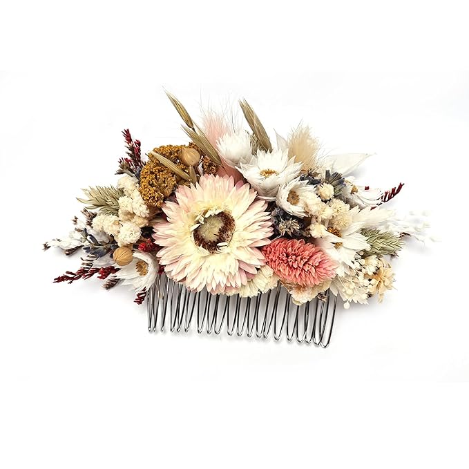 Rustic Preserved Dried Flower Hair Comb Natural Floral Headband with Daisy Cream Mixed Flowers for Women Brides Bridesmaids Flower Girls Family Photography