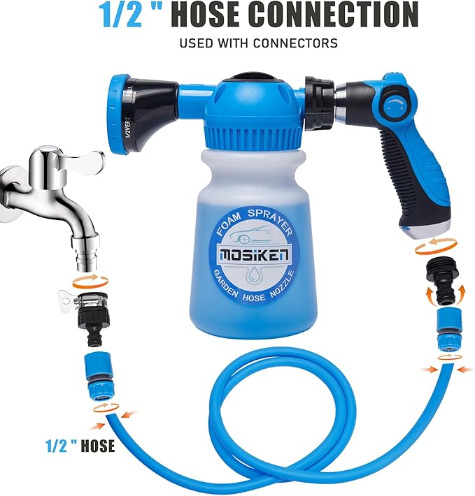 Foam Gun Car Wash Sprayer with Washing Sponge & Absorbent Towel, Foam Cannon Car Washing Kit, 1/2” Connector for Garden Hose, for Car/Garden Cleaning (BLUE)