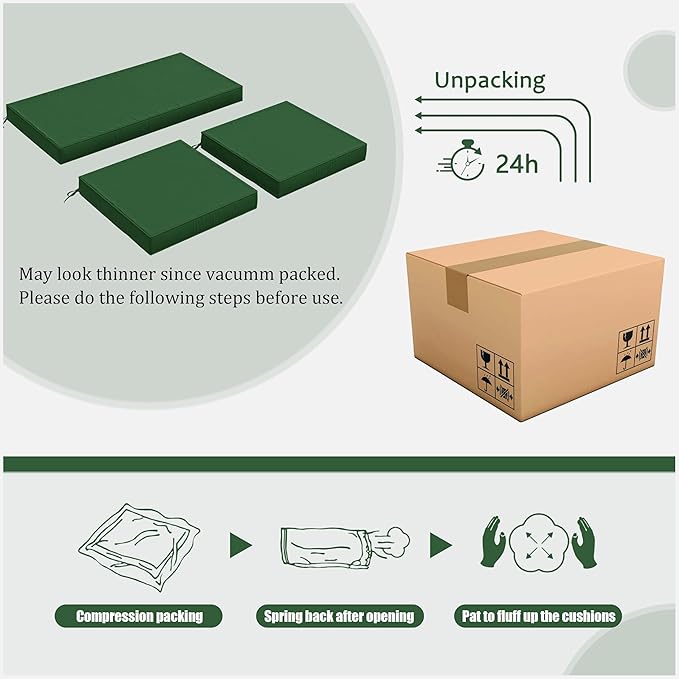 3 Pack Outdoor Replacement Cushions,36L x 18W x 3H,18L x 18W x 3H inch, High-Elastic Replacement Sponge for 4-Seater Water-Resistant Patio/Sofa with Removable Covers (Green)