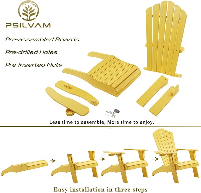 Psilvam Adirondack Chair, Oversized Poly Lumber Fire Pit Chair with Cup Holder, 350Lbs Support Patio Chairs for Garden, Weather Resistant Outdoors Seating, Relaxing Gift for Father & Mother (Yellow)