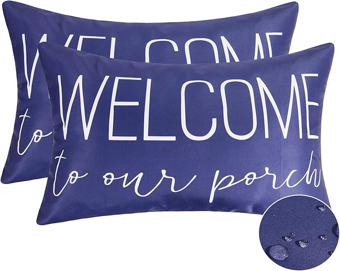 Merrycolor Pack of 2 Navy Blue Outdoor Waterproof Lumbar Pillow Covers 12x20 Decorative Waterproof Outdoor Pillows for Patio Furniture (Welcome)