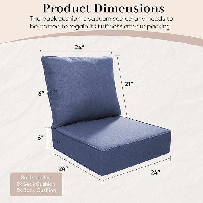 Outdoor Seat Cushion Set-24 x 24 x 6 Inch Outdoor Chair Cushions Set of 2 with Water Resistant & Removable Cover Outdoor Cushions for Patio Furniture Chair Sofa Couch-Blue