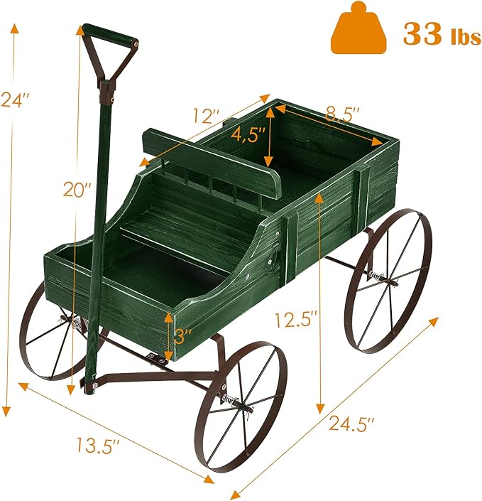 Wooden Wagon Planter with Wheels, Indoor/Outdoor Flower Cart w/Dual-Compartment & Adjustable Handle, Decorative Garden Planter for Home, Yard, Wedding (Green)