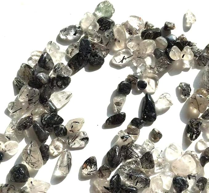 IMALY Black Rutilated Quartz Tumbled Chips Stone Polished Crushed Healing Crystal Quartz Pieces Irregular Shaped Stones for Home Decorative Stones Vases Plants Succulents 0.5lb